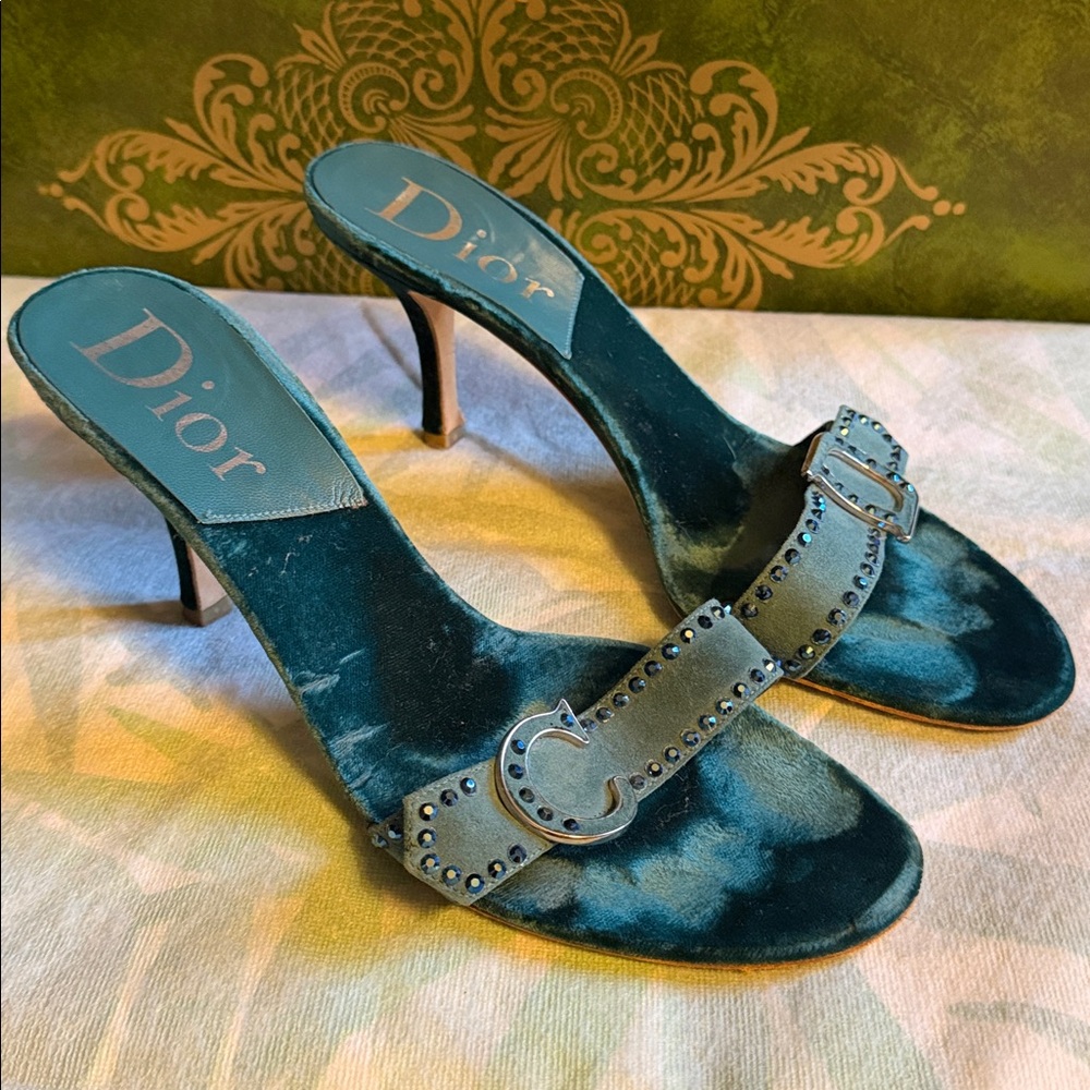 Dior Aqua Blue Velvet Studded Heels Y2K Vintage